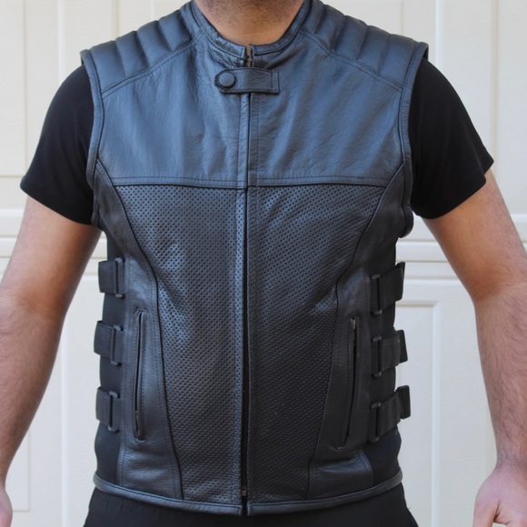 Men Motorcycle Perforated Tactical Style Swat Concealed Carry Leather Vest - Picture 2 of 7